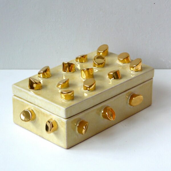 SCATOLA-CERAMICA-TOSCANA-GRANDE-TRONCHETTI-VERDE-ORO-ARTEMPO-MANIFATTURE-DESIGN